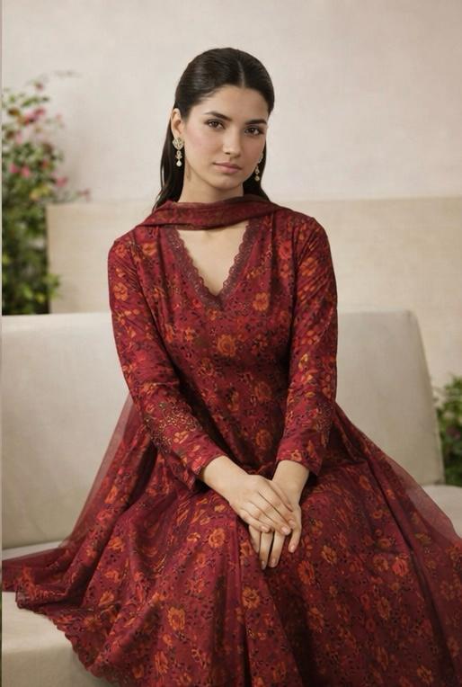 Maroon Floral Anarkali Suit