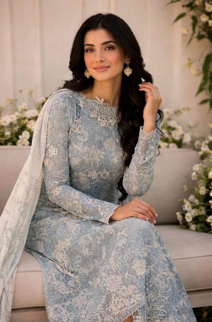 Pastel Blue Embroidered Suit